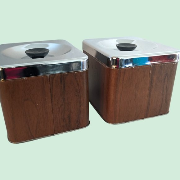 Vintage Coffee and Tea Tins Storage containers faux wood pattern & steel x2 - Picture 5 of 6